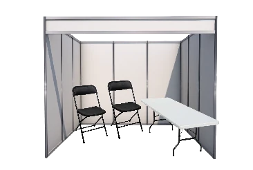 Stand tipo cajón con mesa y sillas